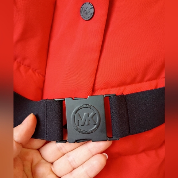 Michael Kors Red Coat Belted MK Designer Jacket  Black Fur Hood - Picture 12 of 16